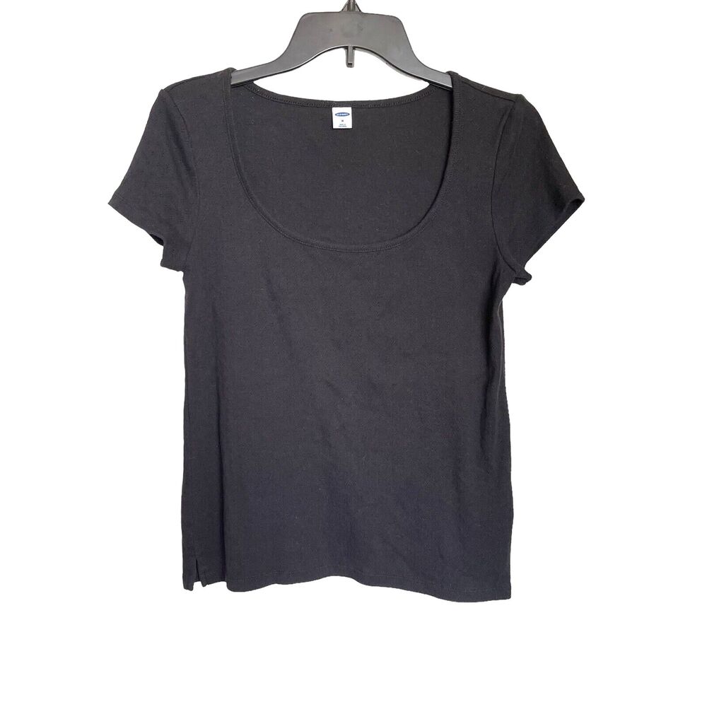 Old Navy Womens Blouse Size Medium Black Top Short Sleeve Stretch Cotton Blend